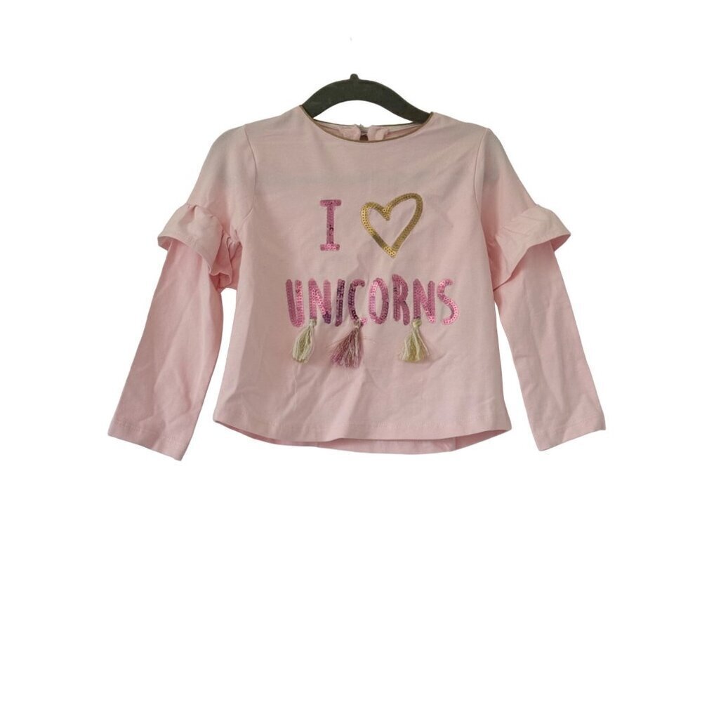 Mud Pie Small (12-18M) "I Love Unicorns" Long Sleeve Tee Pink Cotton/Spandex Ruf